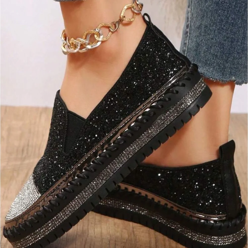 European And American Style Simple Slip-on Loafers With Sparkly Rhinestone